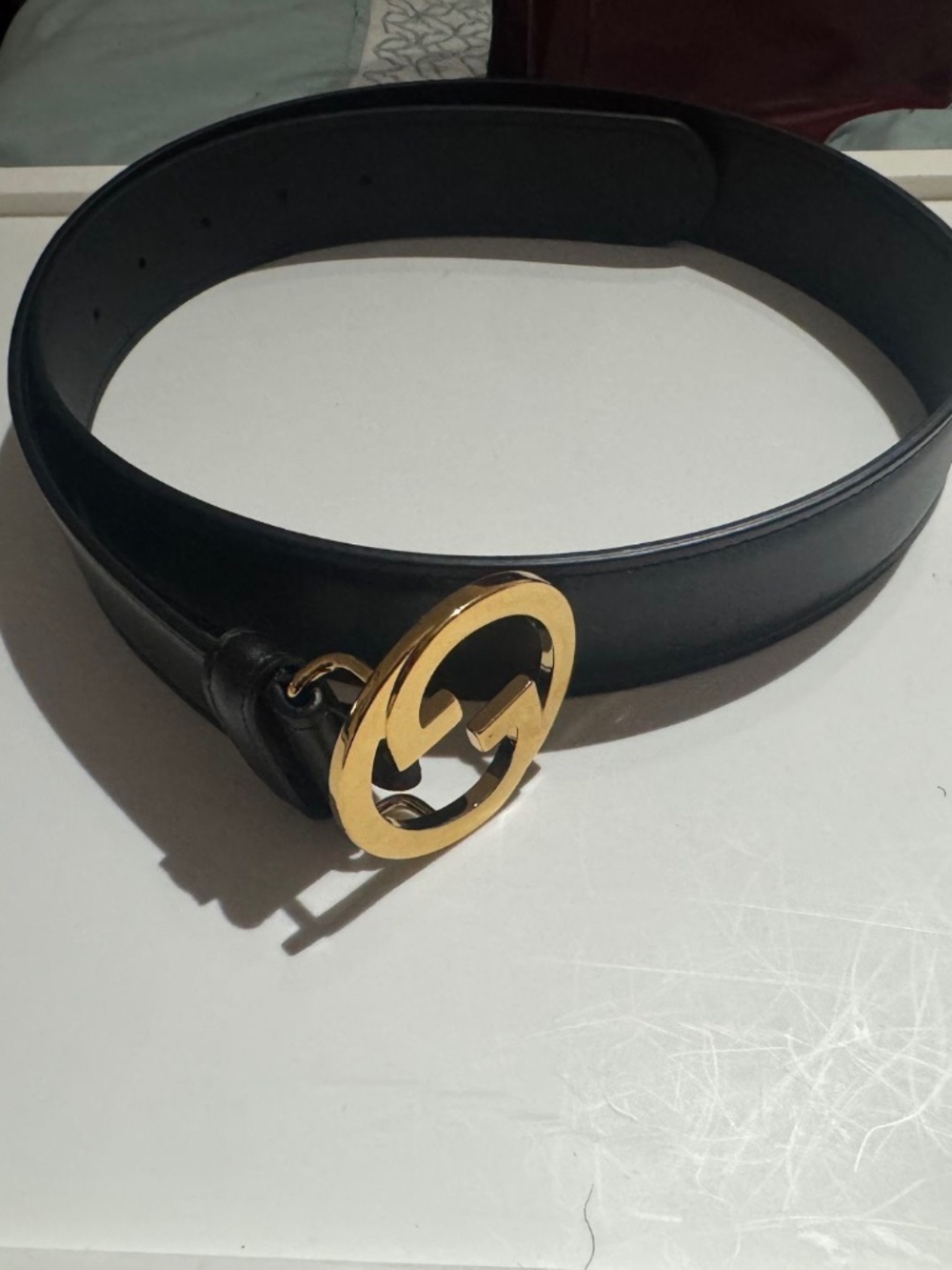 Gucci Round Interlocking G Black Leather Gold Buckle Belt 90/36 New